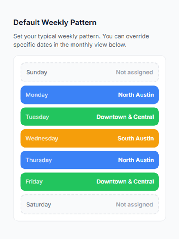 Area Days feature - assign neighborhoods to specific days